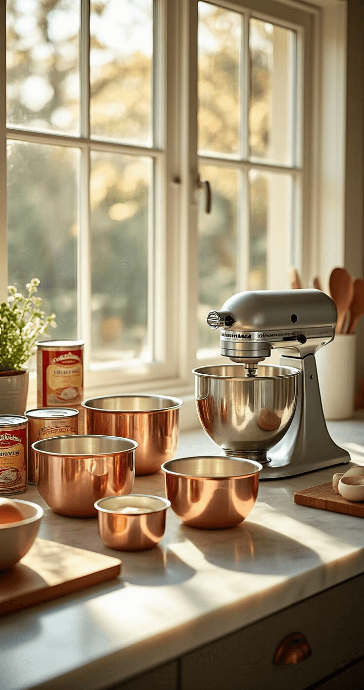 Dulce de Leche Birthday Cake Recipe A sunlit modern kitchen countertop featuring organized baking tools, including copper mixing bowls and a stand mixer, alongside fresh ingredients like unopened cans of condensed milk, with warm highlights on stainless steel surfaces.