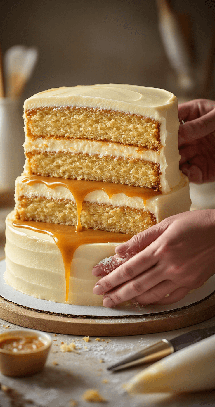Dulce de Leche Birthday Cake Recipe Close-up of hands assembling a three-layer vanilla cake, spreading dulce de leche between layers, with golden caramel drips in dramatic lighting and a soft-focus background of piping bags and decorating tools.