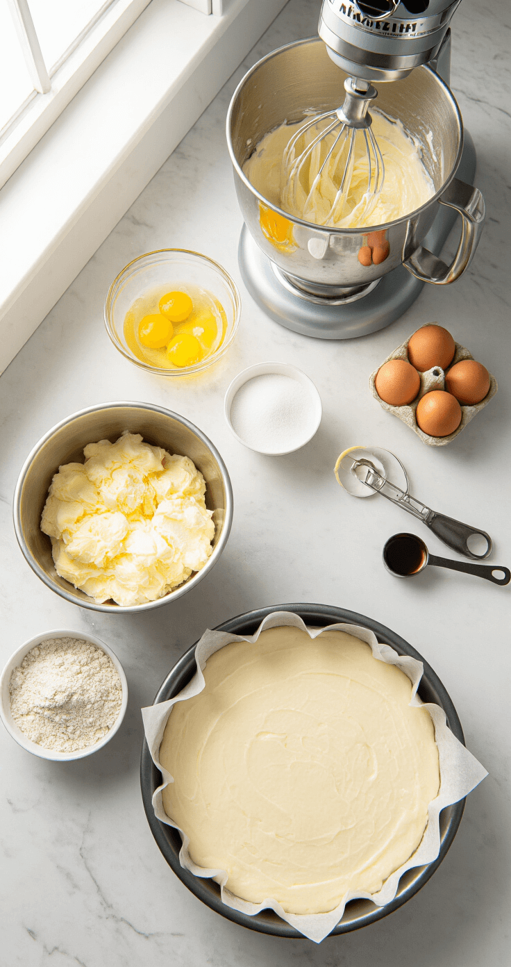 Cheesecake-Layered Birthday Cake: The Ultimate Celebration Dessert Aerial view of a professional kitchen counter with stainless steel bowls of cream cheese mixture, illuminated by natural light; a marble countertop displays farm-fresh eggs and vanilla extract, with a springform pan and stand mixer in the scene.
