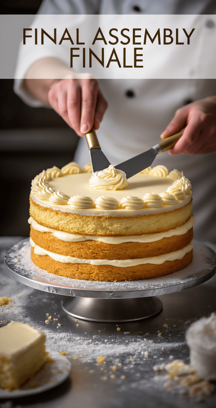 Cheesecake-Layered Birthday Cake: The Ultimate Celebration Dessert Close-up of a cake assembly in soft lighting, showcasing golden layers with a white cheesecake center being frosted with cream cheese frosting by an artisan using a spatula on a rotating silver stand, surrounded by sparkling sugar crystals and crumbs.