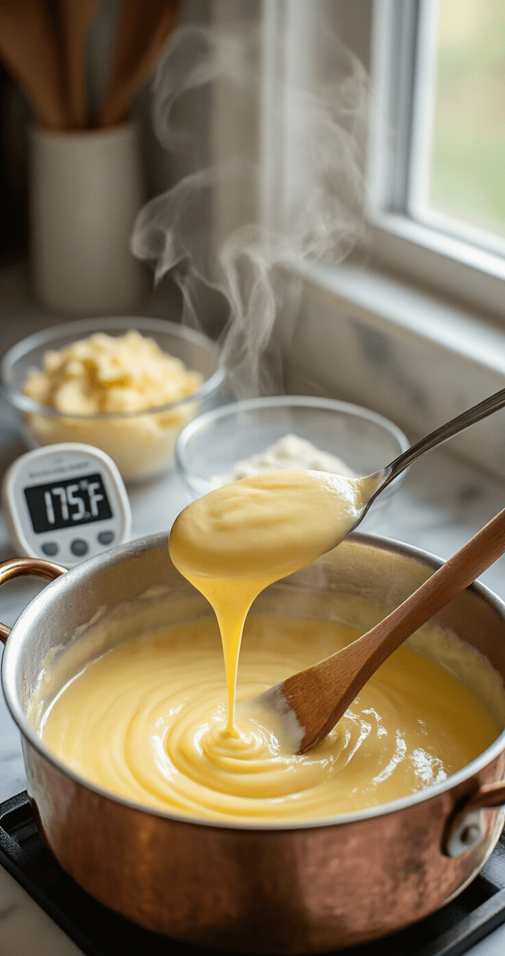 Vanilla Custard-Filled Birthday Cake: An Irresistible Celebration Centerpiece Close-up of golden vanilla custard being stirred in a copper pot with a wooden spoon, steam rising, and a digital thermometer showing 175°F nearby; glass bowls of ingredients are on a marble countertop in soft natural light.