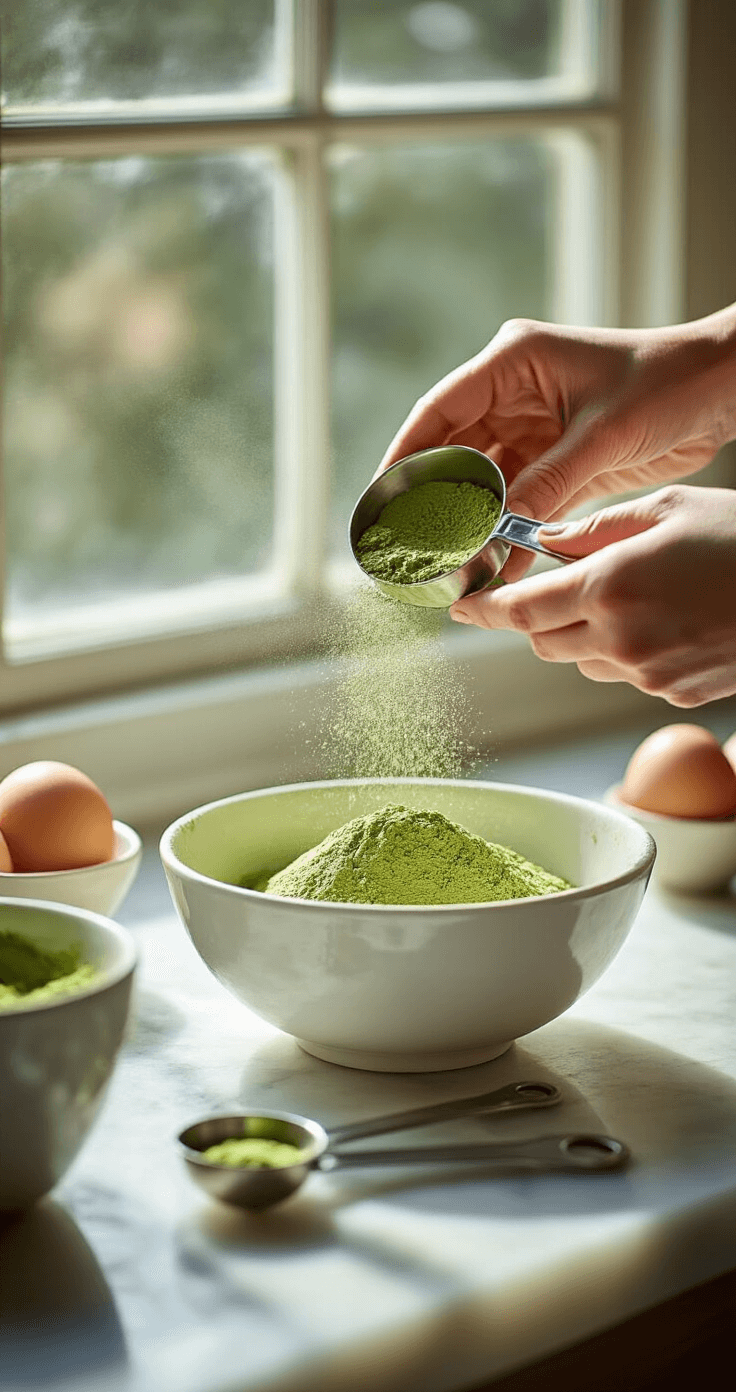 Matcha Green Tea Birthday Cake: A Celebration of Flavor and Tradition Close-up of hands sifting bright green matcha powder into a white bowl of cake flour, with sunlight creating a soft atmosphere; fine powder particles catching the light, measuring spoons and fresh eggs in the background on a marble countertop.