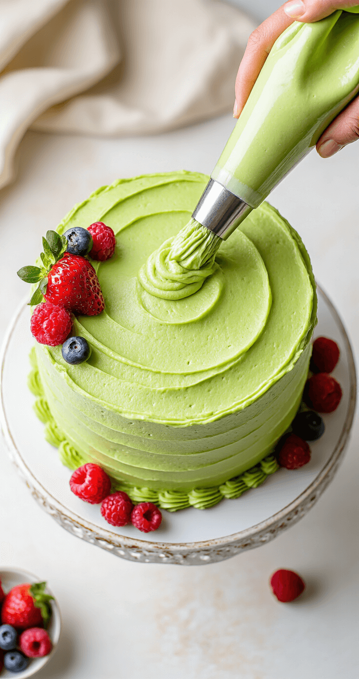 Matcha Green Tea Birthday Cake: A Celebration of Flavor and Tradition Professional overhead view of silky, jade-green matcha buttercream frosting being applied to a layered cake, surrounded by a piping bag and fresh berries, all elegantly arranged on a vintage cake stand.