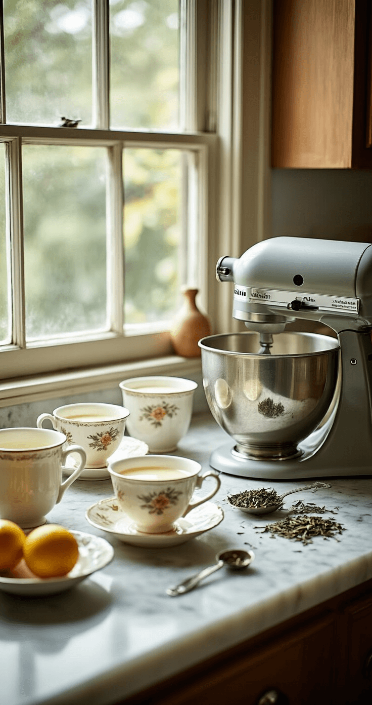 Earl Grey Tea Birthday Cake A rustic kitchen with soft natural light highlights a marble countertop where Earl Grey tea leaves steep in warm cream, surrounded by vintage tea cups, measuring spoons, and fresh bergamot zest, with a gleaming KitchenAid mixer in the background.