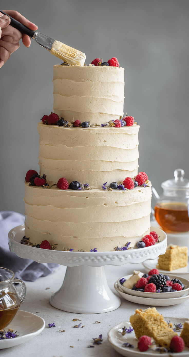 Earl Grey Tea Birthday Cake A three-tiered Earl Grey cake on a white cake stand, with lavender buttercream frosting being applied, surrounded by dried flowers and fresh berries, with tea steeping in the background.