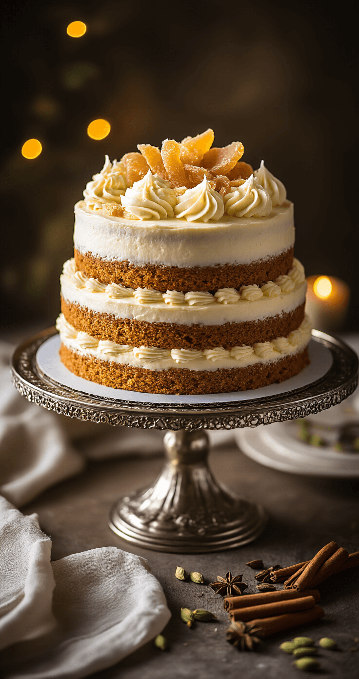 Chai Spice Birthday Cake: A Warm, Aromatic Celebration Delight A three-layer chai spice cake on a silver cake stand, adorned with crystallized ginger and cream cheese frosting, surrounded by cardamom pods and cinnamon sticks in warm ambient lighting.