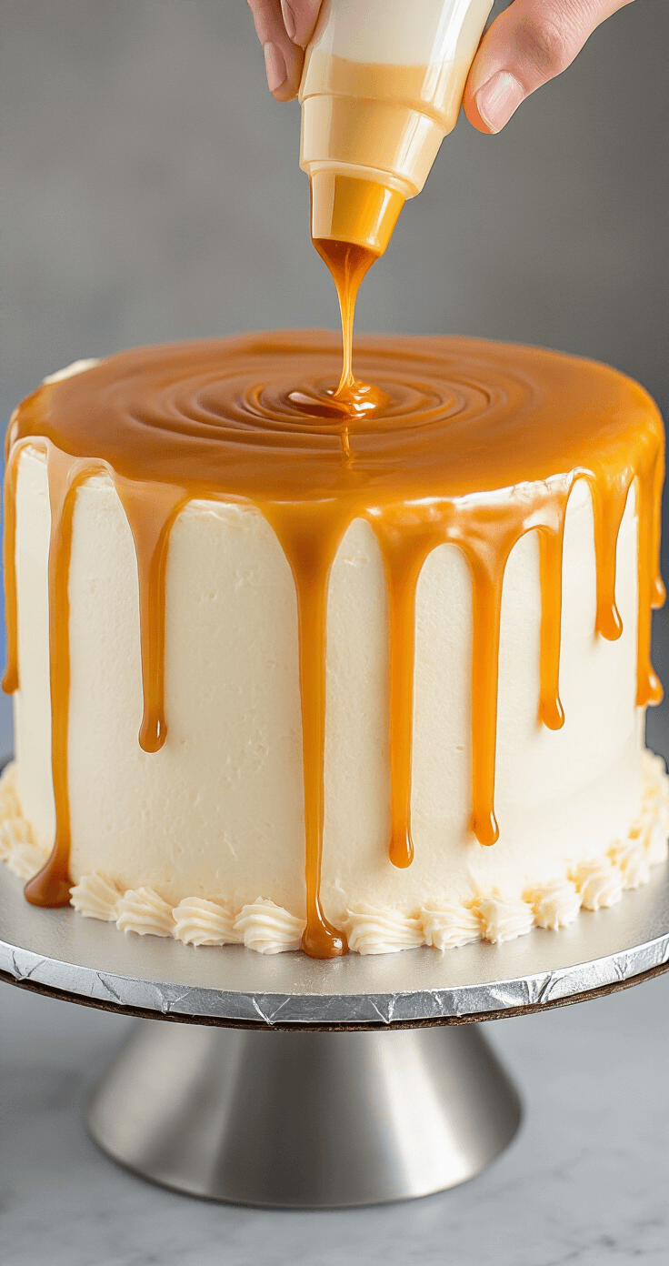 Salted Caramel Drip Birthday Cake: A Showstopping Dessert Close-up of golden caramel drizzling down a frosted white cake on a metallic turntable, with studio lighting highlighting its glossy texture, as a hand holds a squeeze bottle.