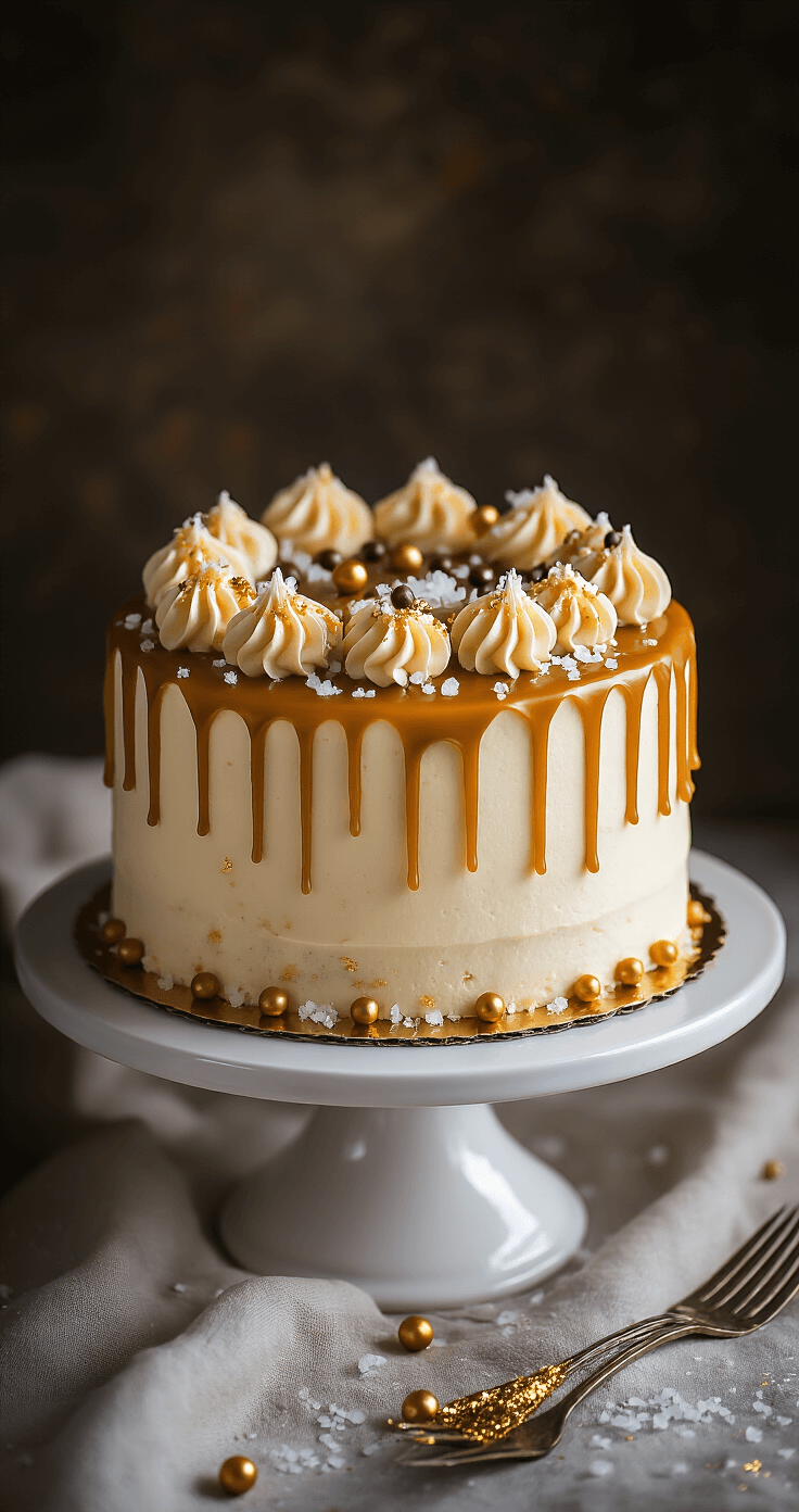 Salted Caramel Drip Birthday Cake: A Showstopping Dessert Professional overhead shot of a salted caramel drip cake on a white ceramic stand, featuring smooth buttercream frosting, golden caramel drips, sea salt flakes, chocolate pearls, and edible gold glitter under soft, diffused lighting.