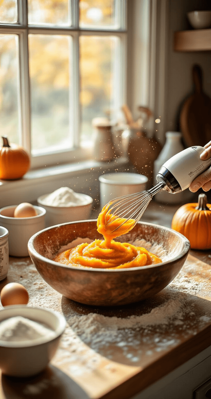 Pumpkin Spice Birthday Cake: A Seasonal Celebration Delight A sunlit kitchen counter scene featuring a rustic wooden bowl of vibrant orange pumpkin puree being mixed with flour, alongside a vintage hand mixer dusted with flour, measuring cups, fresh eggs, and a bottle of vanilla extract, all illuminated by warm autumn light.