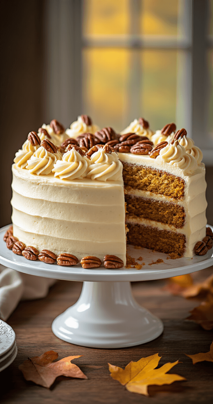 Pumpkin Spice Birthday Cake: A Seasonal Celebration Delight A finished pumpkin spice layer cake with cream cheese frosting rosettes, garnished with candied pecans, on a white ceramic stand, with a slice removed to show its moist texture, set against a rustic wooden table and autumn leaves.