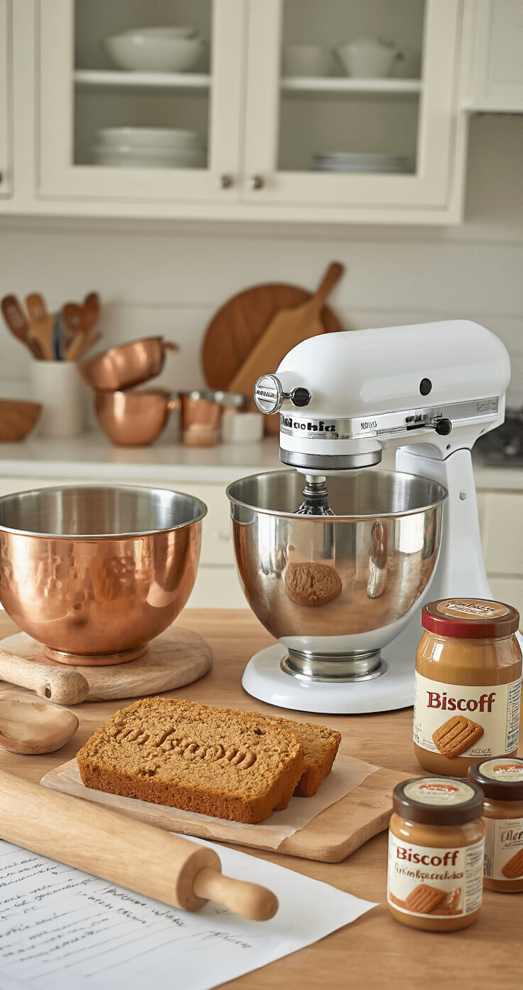 Biscoff Cookie Butter Birthday Cake Recipe A bright kitchen countertop featuring professional baking tools including copper mixing bowls, a marble rolling pin, and jars of Biscoff spread, with a KitchenAid mixer in the background and a handwritten recipe card for added charm.