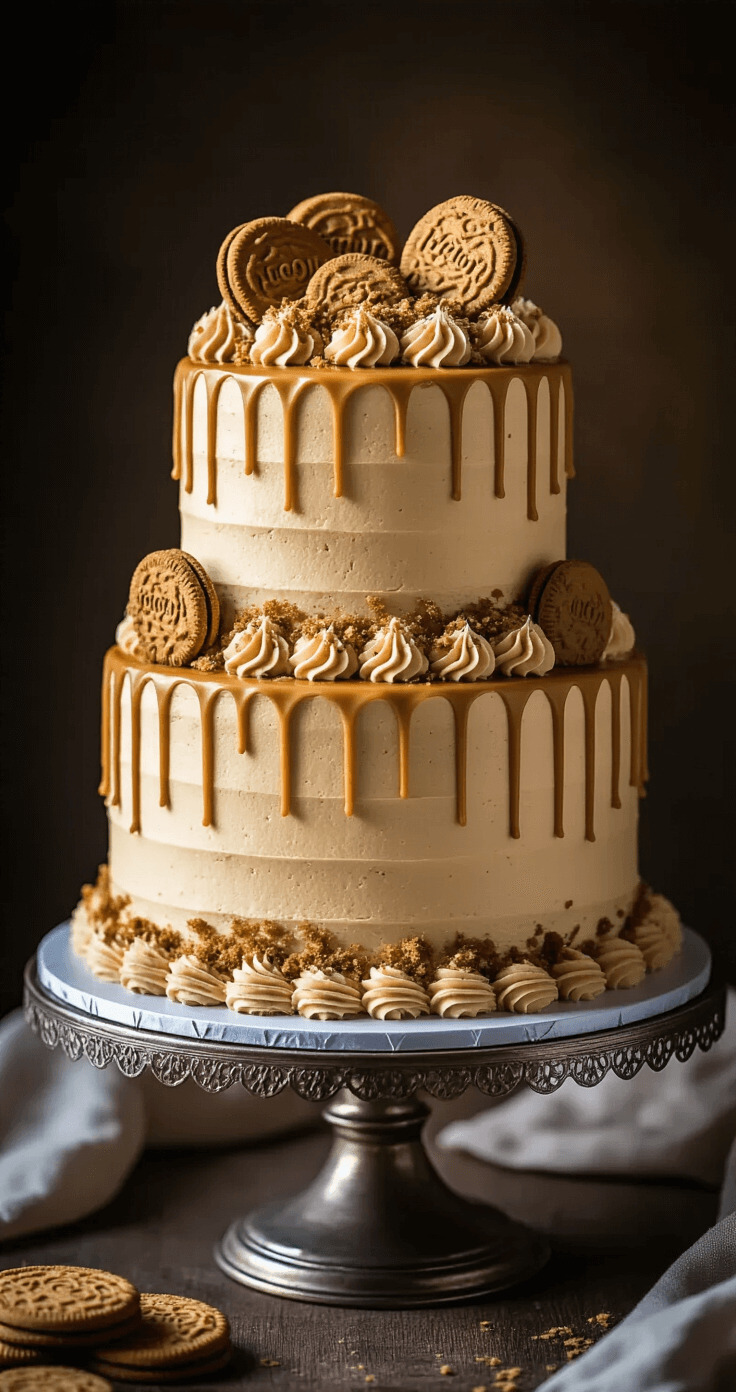 Biscoff Cookie Butter Birthday Cake Recipe A three-tiered Biscoff cake on an antique silver stand, featuring smooth cookie butter frosting with drips, crushed Biscoff cookies, and caramel swirls, illuminated by warm ambient lighting.