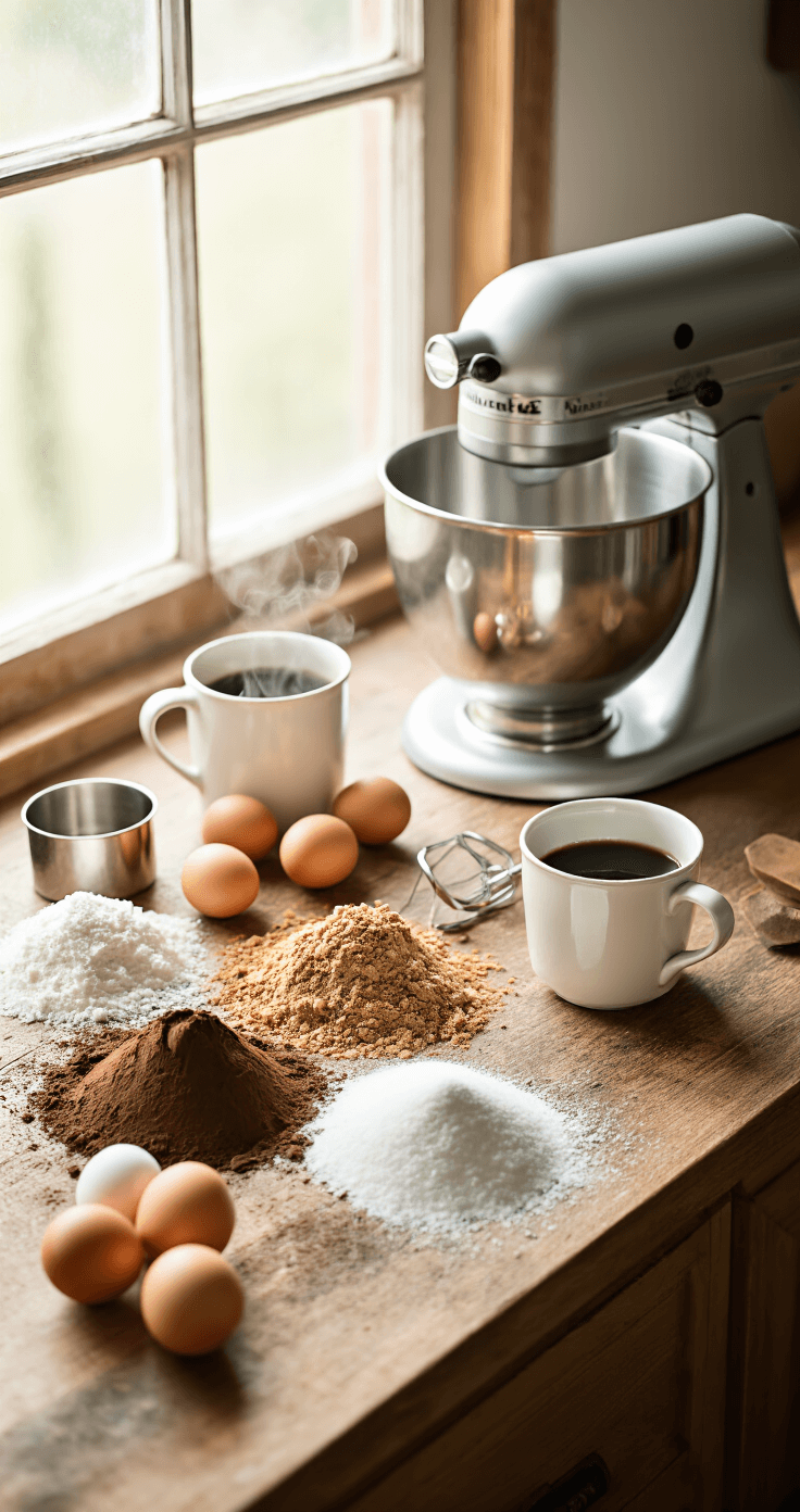 Mocha Latte Birthday Cake: A Decadent Celebration of Chocolate and Coffee Overhead view of a rustic kitchen counter with natural light, featuring mounds of cocoa powder, sugar, eggs, a cup of coffee, vintage measuring cups, and a stand mixer, all arranged for baking preparation.
