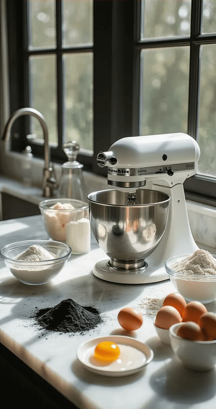 Charcoal Vanilla Birthday Cake: A Stunning & Unexpected Celebration Showstopper In a bright modern kitchen, a marble countertop is organized with ingredients for a charcoal vanilla cake, including bamboo charcoal powder, flour, and egg yolks, with a white KitchenAid mixer prominently featured.