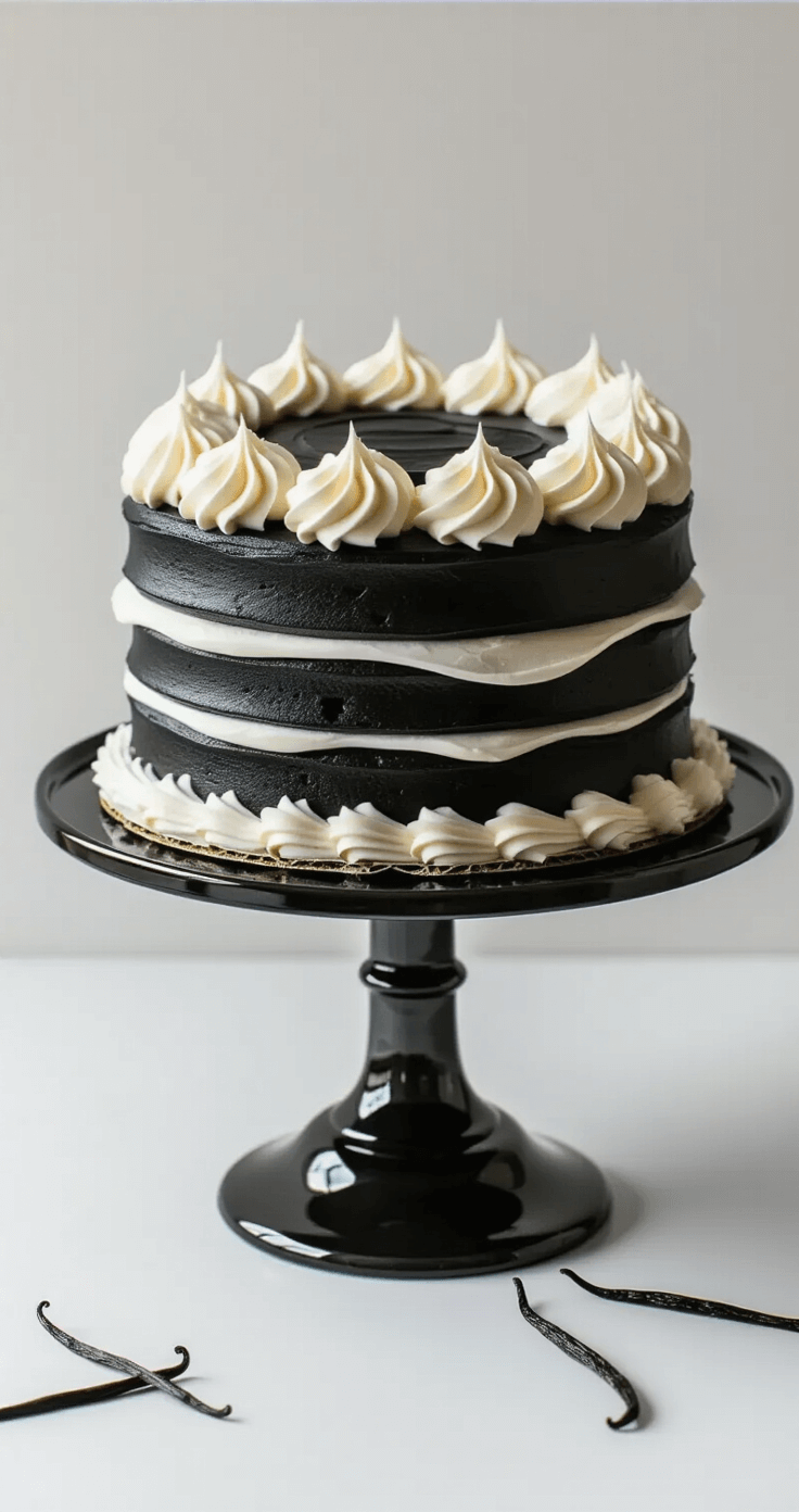 Charcoal Vanilla Birthday Cake: A Stunning & Unexpected Celebration Showstopper A stunning black charcoal cake with white vanilla cream frosting on a matte black stand, set against a minimalist white background, accented with vanilla beans and edible silver leaf.