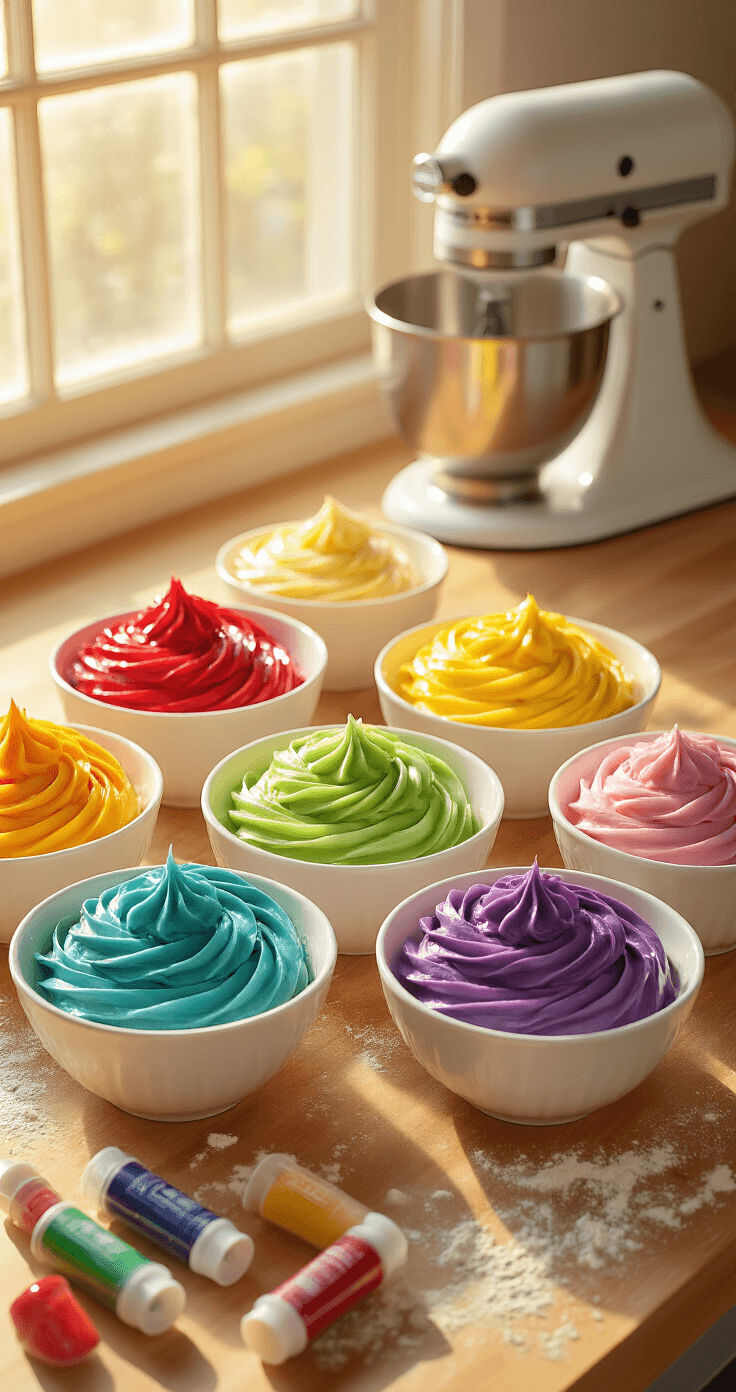 Ombre Rainbow Birthday Cake: A Showstopping Celebration Dessert Cinematic overhead view of a professional kitchen workspace with six white bowls of rainbow-colored buttercream frosting, with gel food coloring tubes scattered nearby, and a stand mixer softly blurred in the background, all illuminated by warm golden light.