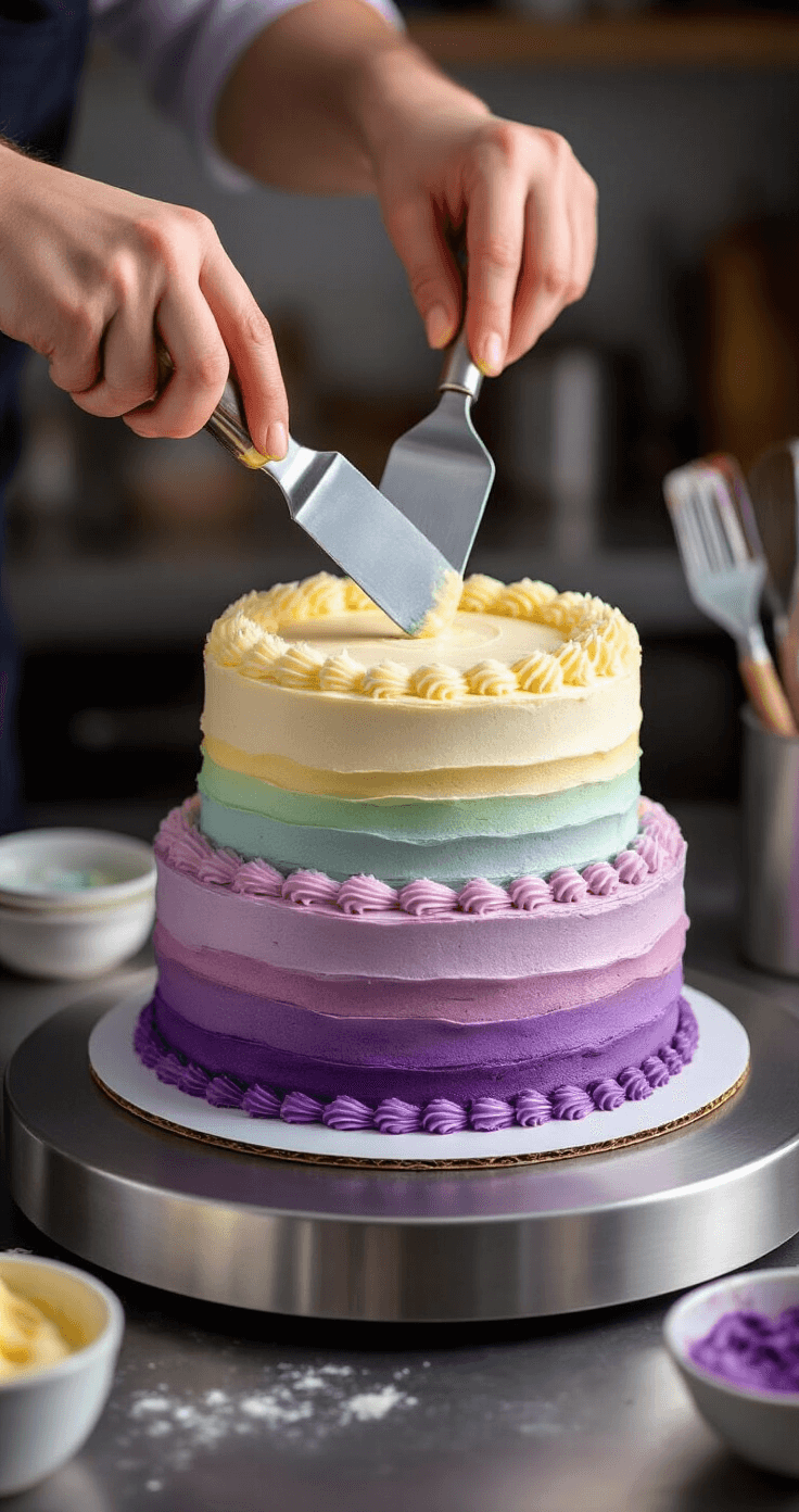 Ombre Rainbow Birthday Cake: A Showstopping Celebration Dessert Dramatic close-up of hands using an offset spatula to blend rainbow buttercream on a three-tiered vanilla cake with ombre effect, set on a rotating turntable.