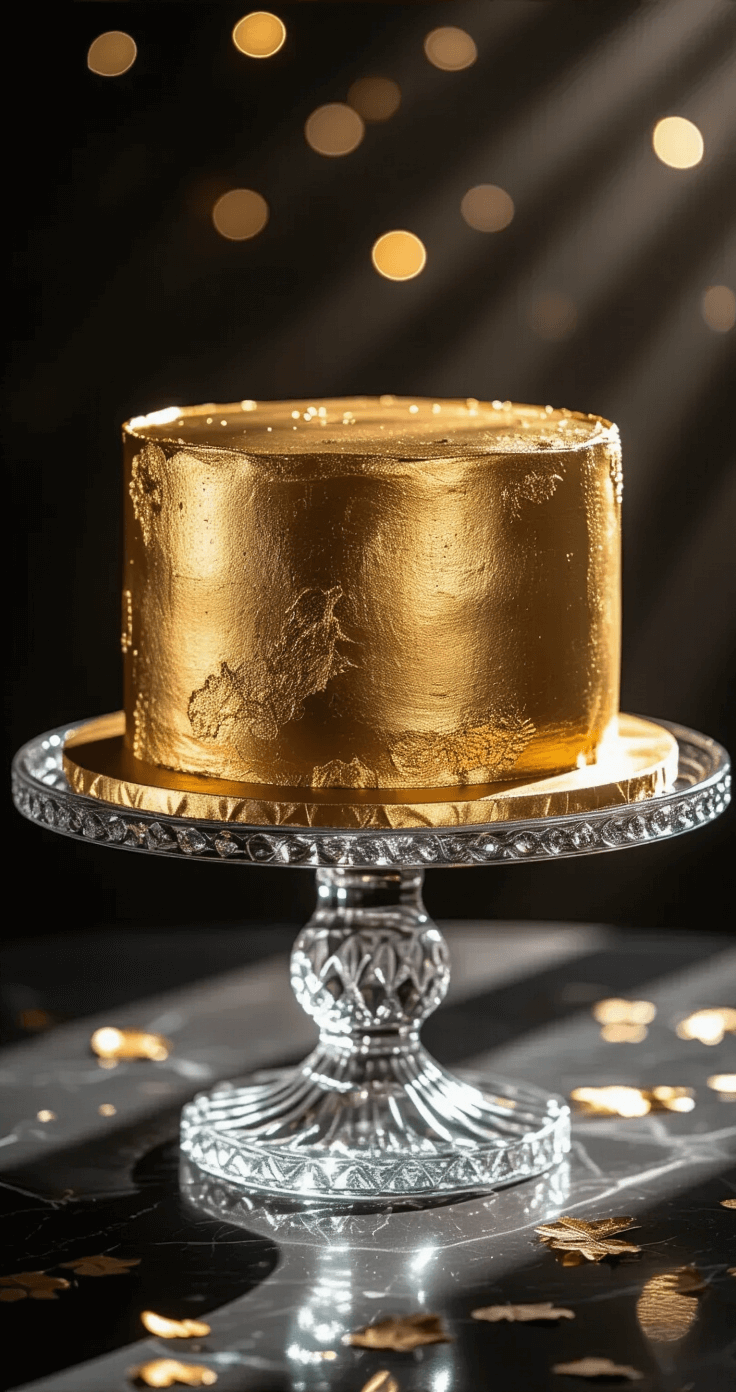 Metallic Gold-Leaf Birthday Cake: A Luxurious Showstopper Dessert A stunning metallic gold-leaf birthday cake on an ornate crystal stand, showcased under dramatic studio lighting, highlighting its luxurious details against a sophisticated dark background with bokeh effects.