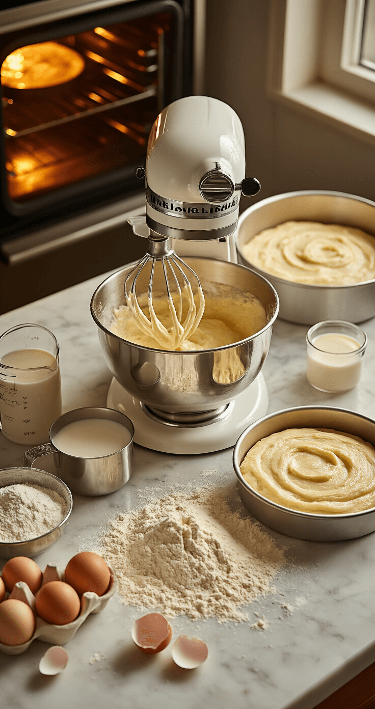 Geode Birthday Cake: A Stunning Edible Masterpiece Cinematic overhead view of a warm, professional kitchen with a stand mixer, creamy cake batter, scattered flour, measuring cups of buttermilk, arranged eggshells, and steam rising from glowing cake pans in the oven.