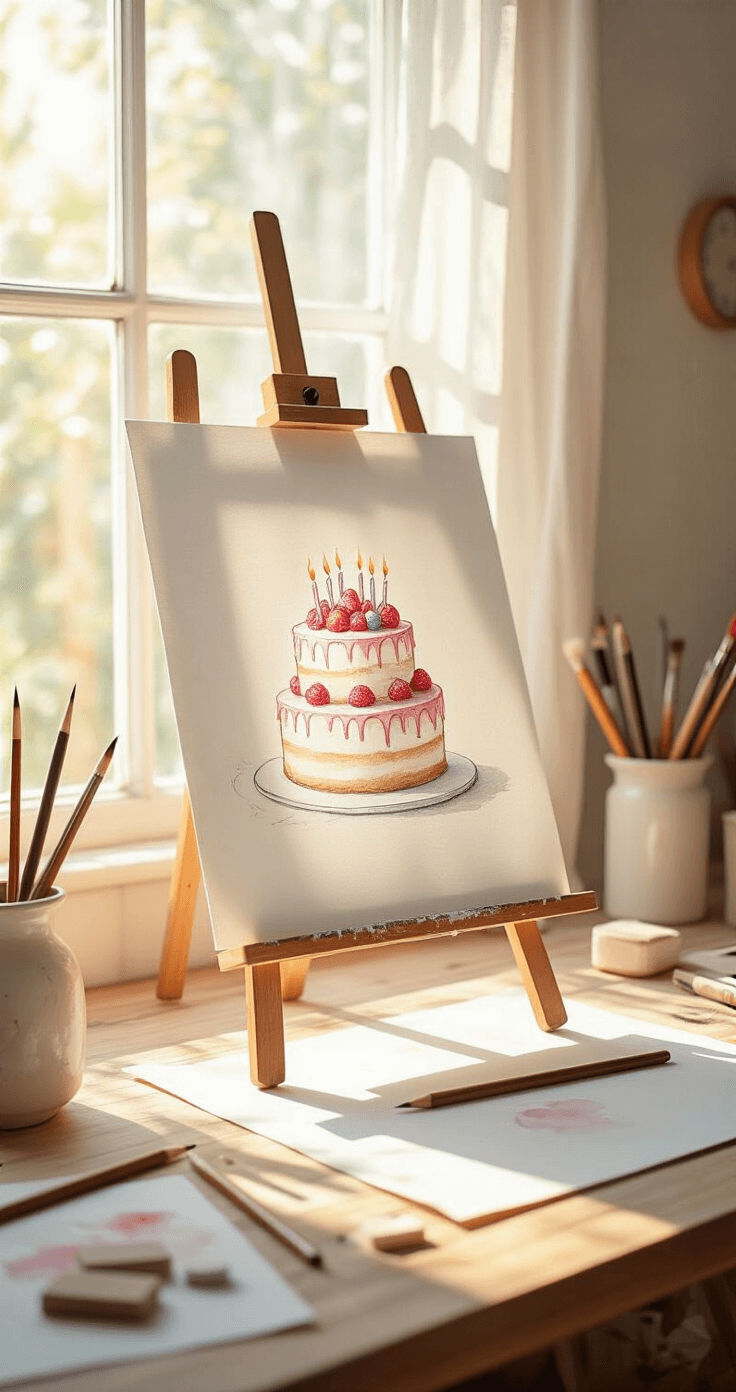 Watercolor Birthday Cake: A Whimsical Painting Tutorial for Beginners A tranquil artist's workspace with watercolor paper on an easel, a light pencil sketch of a whimsical birthday cake, and scattered art supplies, all illuminated by warm golden hour light.