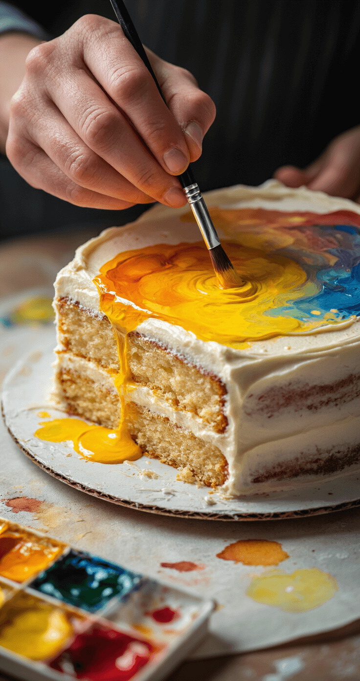 Watercolor Birthday Cake: A Whimsical Painting Tutorial for Beginners Close-up of an artist's hand using wet-on-wet watercolor technique to apply Naples yellow and burnt umber pigments on damp paper, creating organic textures for a birthday cake painting, with paint droplets glistening under soft studio lighting.