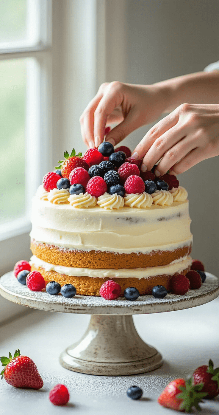 Naked Birthday Cake with Fresh Berries: A Stunning Rustic Dessert A rustic naked cake adorned with vibrant mixed berries and artistic buttercream swirls, elegantly displayed on a vintage cake stand, bathed in natural light.