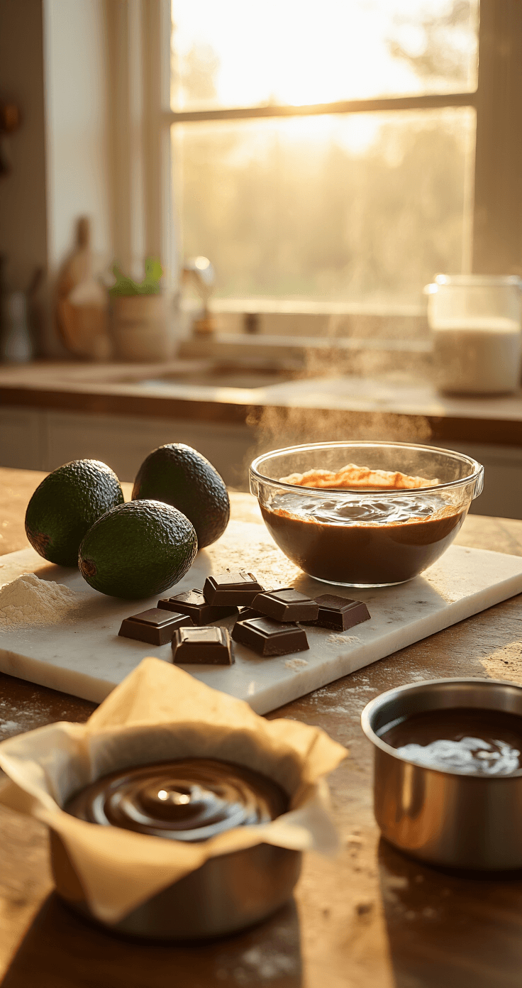Vegan Chocolate Avocado Birthday Cake: A Decadent Plant-Based Celebration Dessert Cinematic overhead shot of a rustic kitchen counter with three ripe avocados, dark vegan chocolate, and melted chocolate in a glass bowl, surrounded by flour dust and measuring cups with plant milk, all illuminated by warm golden hour sunlight.