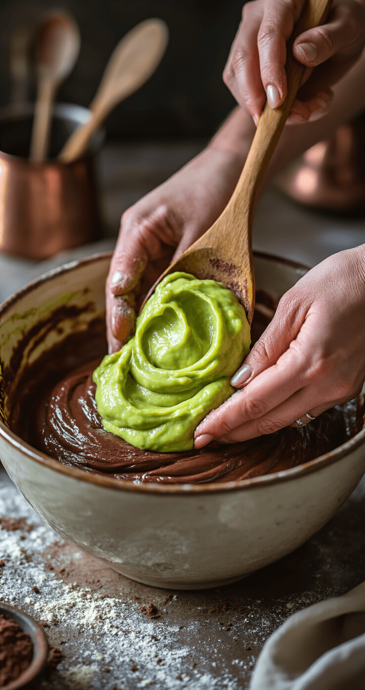 Vegan Chocolate Avocado Birthday Cake: A Decadent Plant-Based Celebration Dessert Close-up of hands folding avocado mixture into cocoa-dusted flour in a ceramic bowl, showcasing velvety chocolate batter with green undertones, accented by glistening vanilla droplets and wisps of cocoa powder in soft kitchen light.