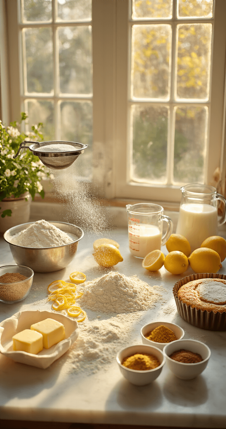 Vegan Lemon Coconut Birthday Cake: A Tropical Celebration Delight Cinematic overhead view of a sunlit marble kitchen workspace with arranged baking ingredients, including flour, lemons, coconut milk, and spices, alongside steaming vegan butter and prepared cake pans.