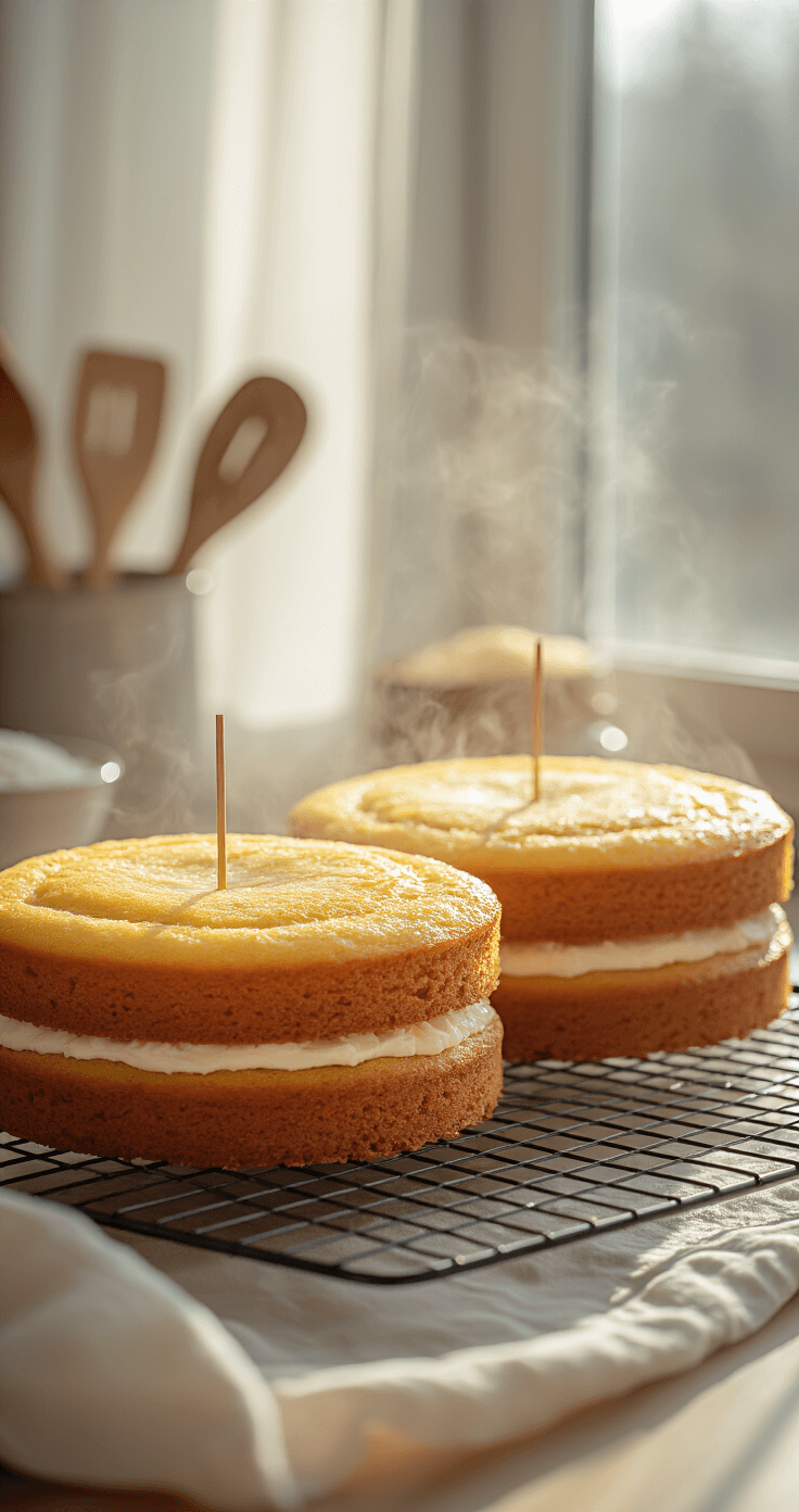 Vegan Lemon Coconut Birthday Cake: A Tropical Celebration Delight Close-up of two golden vegan lemon coconut cake layers on a wire rack, with steam rising and a clean toothpick inserted, set against a softly blurred kitchen background.