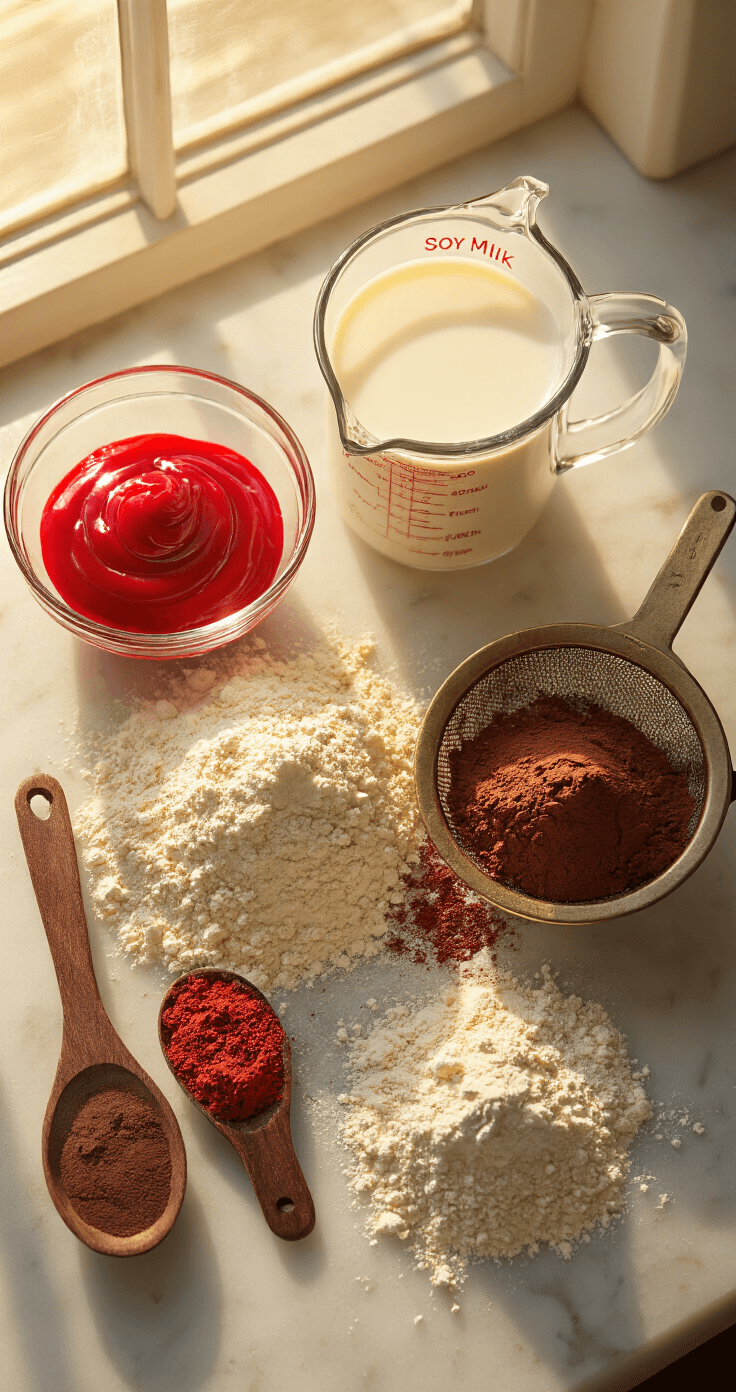 Vegan Red Velvet Birthday Cake: The Ultimate Showstopper Dessert Cinematic overhead shot of vegan baking ingredients on a marble countertop with warm golden hour lighting, featuring vibrant red food coloring gel, creamy soy milk in a vintage measuring cup, rich cocoa powder on dark wooden spoons, and flour cascading from a rustic sieve, creating soft shadows across the scene.
