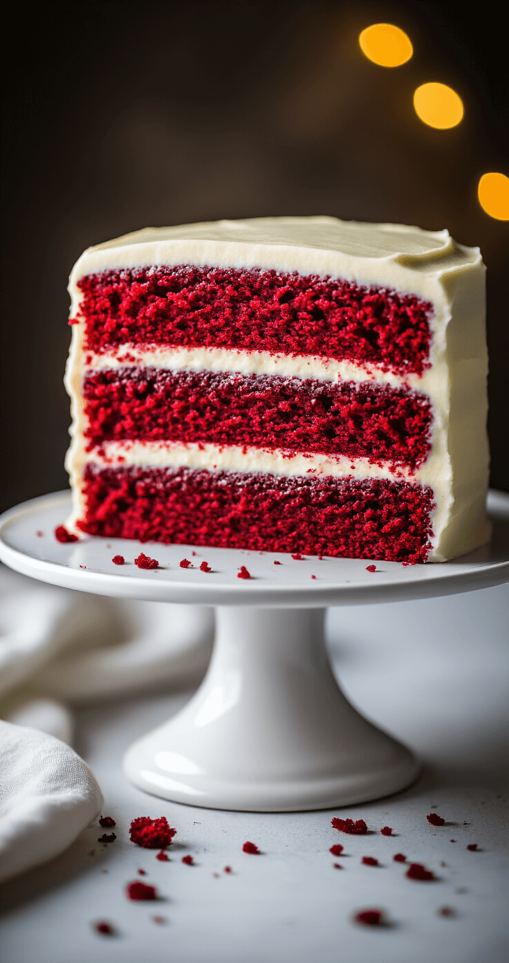 Vegan Red Velvet Birthday Cake: The Ultimate Showstopper Dessert Close-up of a frosted two-layer vegan red velvet cake on a white pedestal, featuring smooth ivory cream cheese frosting and deep crimson layers, with delicate crumbs around the base and a soft bokeh background.