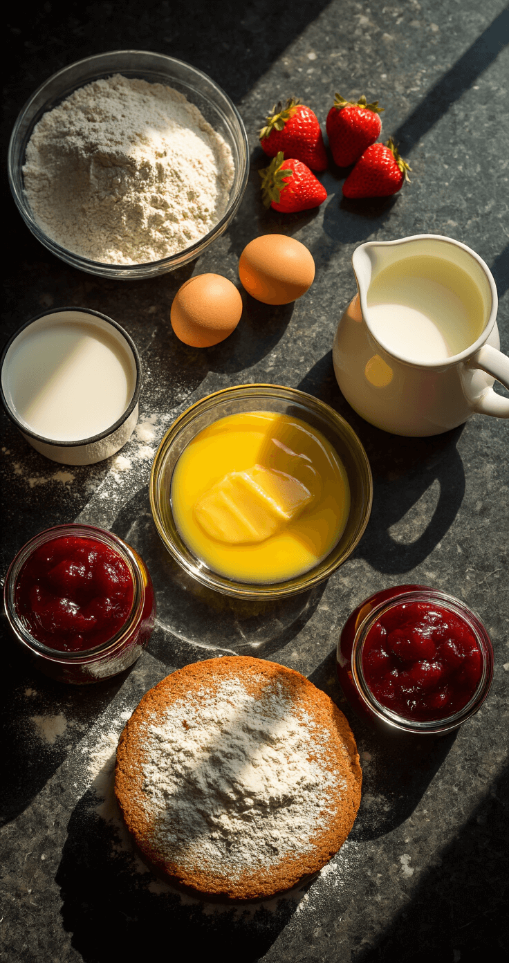 Vegan Strawberry Shortcake Birthday Cake A cinematic overhead view of a pristine kitchen counter in warm morning light, showcasing arranged vegan baking ingredients including flour, melted vegan butter, strawberry preserves in an antique jar, and creamy non-dairy milk in a vintage pitcher, with soft shadows enhancing the scene's depth and texture.