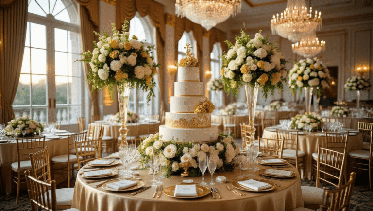 Crafting the Perfect 70th Birthday Celebration: A Comprehensive Guide A luxurious ballroom celebrating a 70th birthday with golden hour lighting, crystal chandeliers, elegantly dressed tables adorned with floral centerpieces, a three-tiered cake, and well-dressed guests mingling near a grand piano.