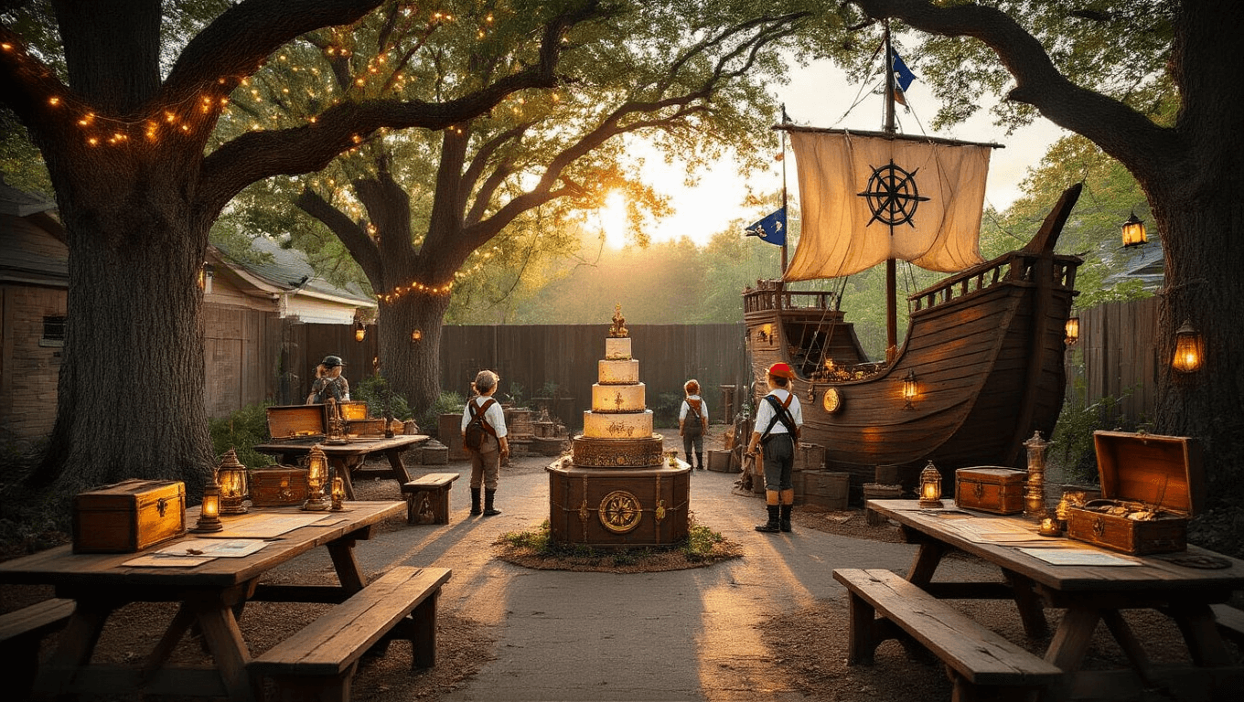 A magical backyard party scene during golden hour, featuring rustic tables with vintage maps and lanterns, an ornate pirate ship photo booth, activity stations with treasure chests, and children in explorer costumes amidst enchanting lighting and decorations.