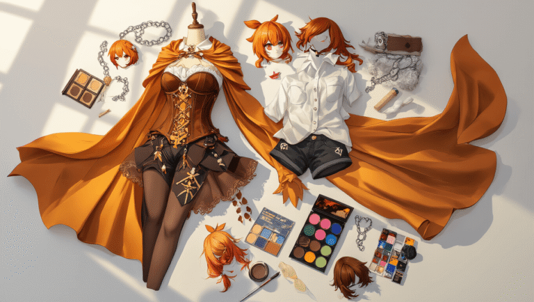 The Most Creative Anime Cosplay Ideas in 2025 That'll Make You Convention Famous A flat lay of anime cosplay elements on a white background, featuring a brown corset, amber cape, white shirt, dark shorts, colorful wigs, silver chain accessories, and makeup palettes, all illuminated by soft golden lighting.