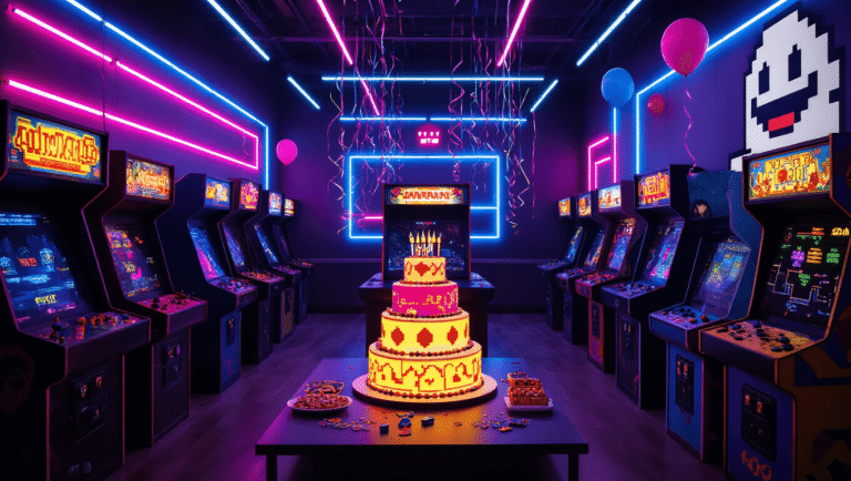 Epic Arcade Birthday Party: The Ultimate Guide to Gaming Celebration Awesomeness A hyperrealistic interior of a dimly lit arcade birthday party, showcasing vibrant neon-lit arcade cabinets, a centerpiece gaming lounge, glowing pixel art birthday cake, and dynamic photo booth, all enhanced by atmospheric haze and geometric LED patterns.
