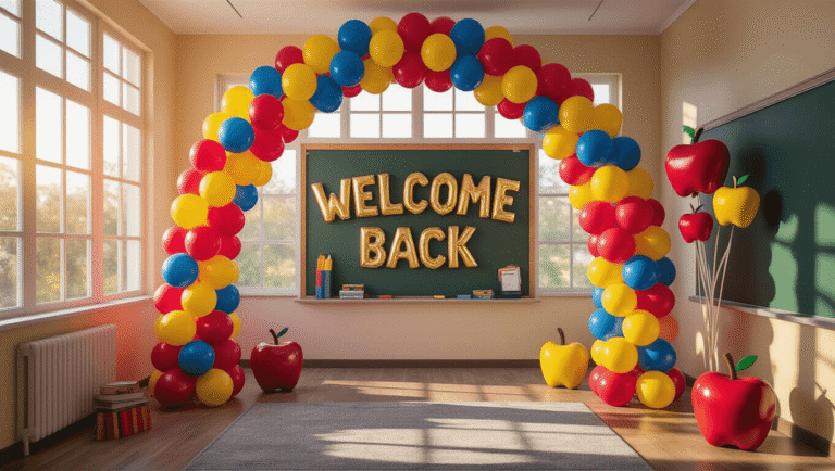 Back to School Balloons: The Ultimate Guide to Classroom Decor and Celebration A vibrant elementary school classroom decorated for a back-to-school celebration, featuring a balloon arch in primary colors, floating "Welcome Back" letter balloons, whimsical balloon sculptures, and warm morning light filtering through large windows.