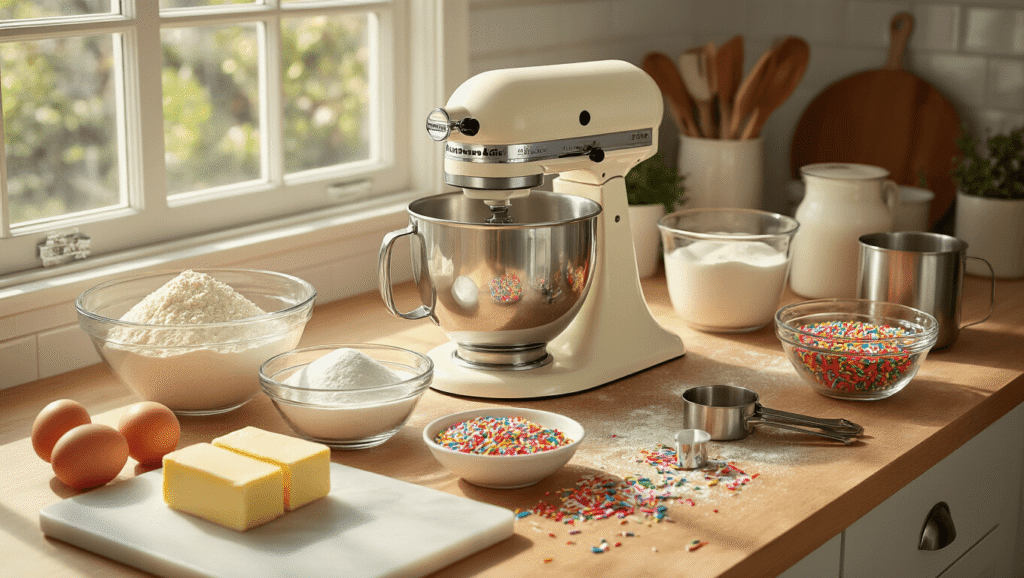 Ultimate Funfetti Sprinkle Birthday Cake: A Colorful Celebration Masterpiece Hyperrealistic photograph of a sunlit kitchen counter with a cream KitchenAid mixer, neatly arranged baking ingredients including flour, sugar, sprinkles, eggs, and butter, showcasing a professional baking setup in warm colors and soft shadows.