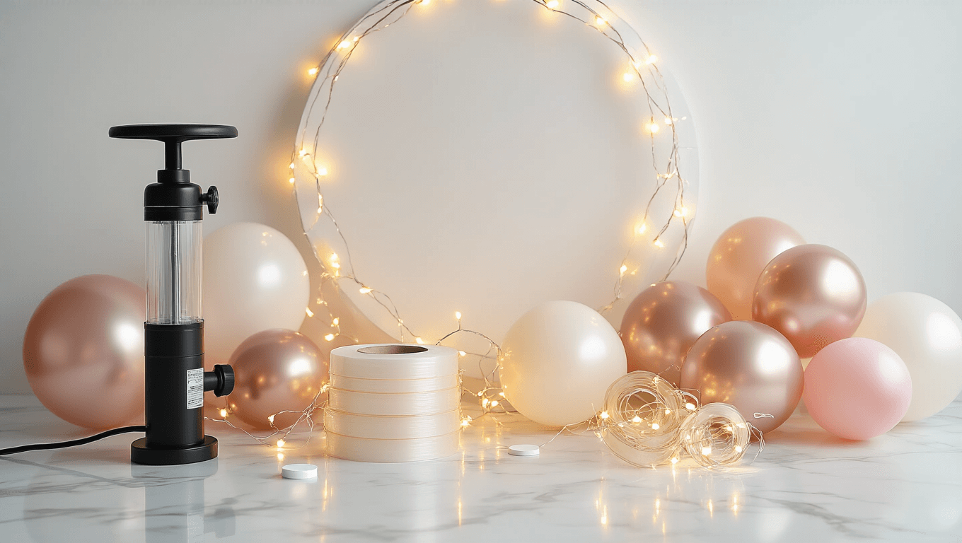 Cinematic close-up of balloon backdrop preparation on marble surface, featuring a sleek black balloon pump, transparent balloon tape, warm fairy lights, and clusters of uninflated balloons in blush pink, cream, and rose gold, with dramatic side lighting and shallow depth of field.