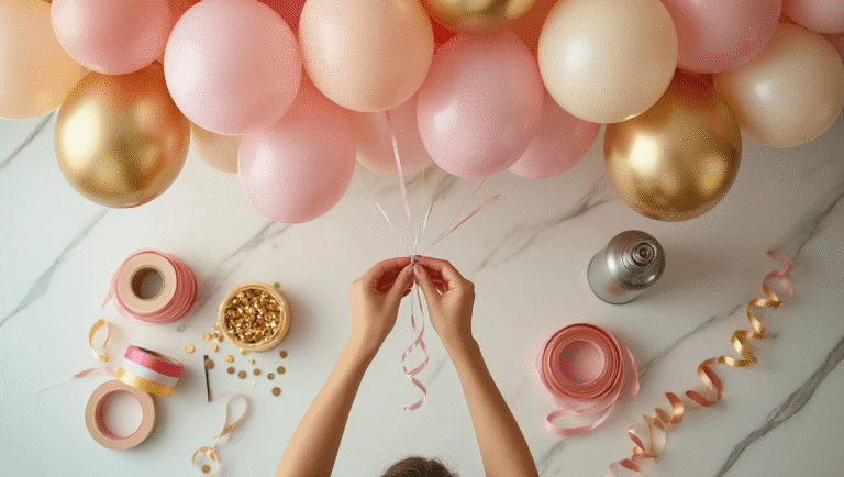 Ceiling Balloons: The Ultimate Guide to Stunning Event Decor Cinematic overhead shot of a decorator installing blush pink, cream, and metallic gold balloons to the ceiling, featuring a helium tank and organized tools on a white marble surface, captured in warm golden hour light.