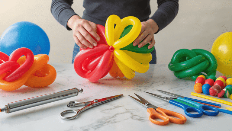Balloon Twisting: The Ultimate Guide to Creating Magical Party Moments A well-lit balloon twisting workshop showcasing colorful 260Q balloons with skilled hands demonstrating techniques, surrounded by tools and finished sculptures like a dog, flower, and giraffe on a marble workspace.