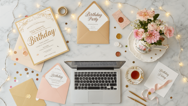 The Ultimate Guide to Crafting Perfect Birthday Party Invitations Flat-lay photograph of a birthday party invitation design workspace featuring a marble desk with invitation samples, a laptop displaying design software, pastel cardstock, gold calligraphy pens, wax seals, and flowers in a vintage teacup, all illuminated by fairy lights.