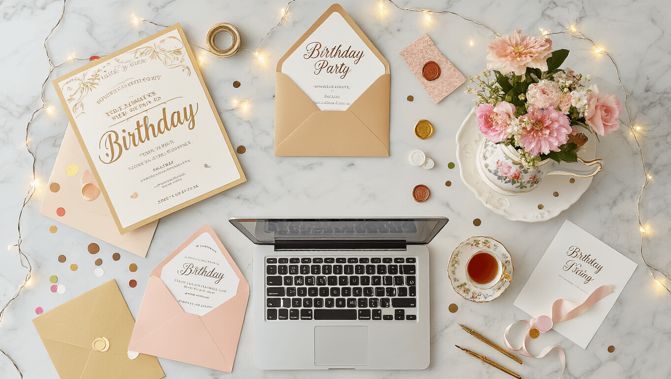 Flat-lay photograph of a birthday party invitation design workspace featuring a marble desk with invitation samples, a laptop displaying design software, pastel cardstock, gold calligraphy pens, wax seals, and flowers in a vintage teacup, all illuminated by fairy lights.