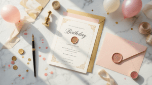 Crafting the Perfect Birthday Party Invitation: A Comprehensive Guide Cinematic overhead view of an elegant birthday invitation crafting station on a marble desk, featuring luxury cardstock in blush pink and gold foil, a vintage fountain pen, ornate wax seal stamp, scattered birthday-themed decorations, and various calligraphy tools, all softly illuminated by natural light.