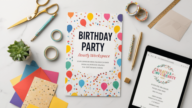 Create Stunning Birthday Party Invites in Minutes: A Complete Guide Overhead view of a birthday party invitation design workspace on white marble, featuring colorful invitation templates, high-end design tools, vibrant cardstock, calligraphy pens, a tablet with Canva, printed samples, washi tape, premium envelopes, and a potted succulent, all illuminated by soft natural lighting.