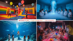Epic Birthday Party Places for Kids: The Ultimate Guide to Unforgettable Celebrations A vibrant collage of four birthday party venues: an indoor play center with colorful inflatables, a science museum party with children in lab coats, an aquarium with a mermaid performer, and a twilight amusement park scene, all beautifully captured in warm lighting with a golden hour color grade.