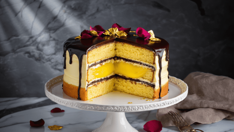 Classic Boston Cream Birthday Cake: A Slice of Sweet Tradition Overhead view of a three-layered Boston Cream Cake on a white ceramic stand, featuring glossy chocolate ganache, rich yellow custard filling, and rose petals on a dark marble surface, with dramatic lighting and a vintage silver cake server nearby.