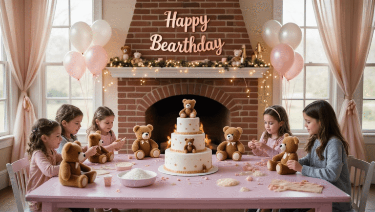 Ultimate Guide to Throwing an Unforgettable Build-A-Bear Birthday Party A vibrant indoor birthday party scene featuring children crafting plush bears at pastel-decorated tables, with natural light illuminating the space, a grand fireplace adorned with a "Happy Bearthday" banner, and a beautifully designed 3-tier cake surrounded by pearl balloons and blush pink drapery.