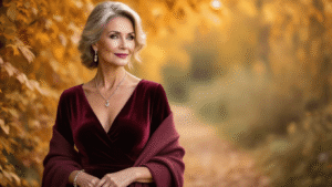 Fall Wedding Guest Dresses for Women Over 50: Elegant Autumn Style A sophisticated woman over 50 in a deep burgundy velvet midi dress, surrounded by warm autumn foliage in golden and amber tones, styled with delicate jewelry and a cashmere wrap, exuding elegance in soft natural lighting.